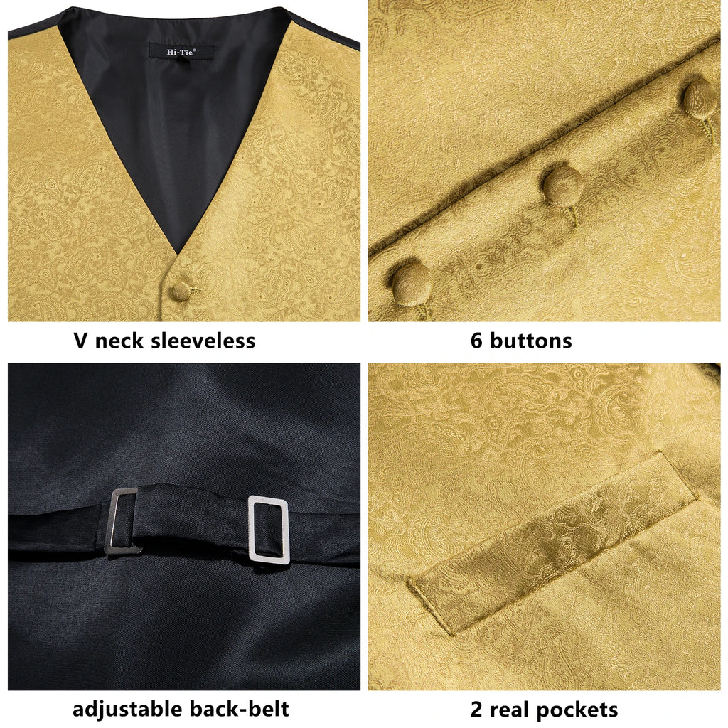 Mens for suit in gold with V neck, 6 buttons, adjustable back-belt, and 2 real pockets