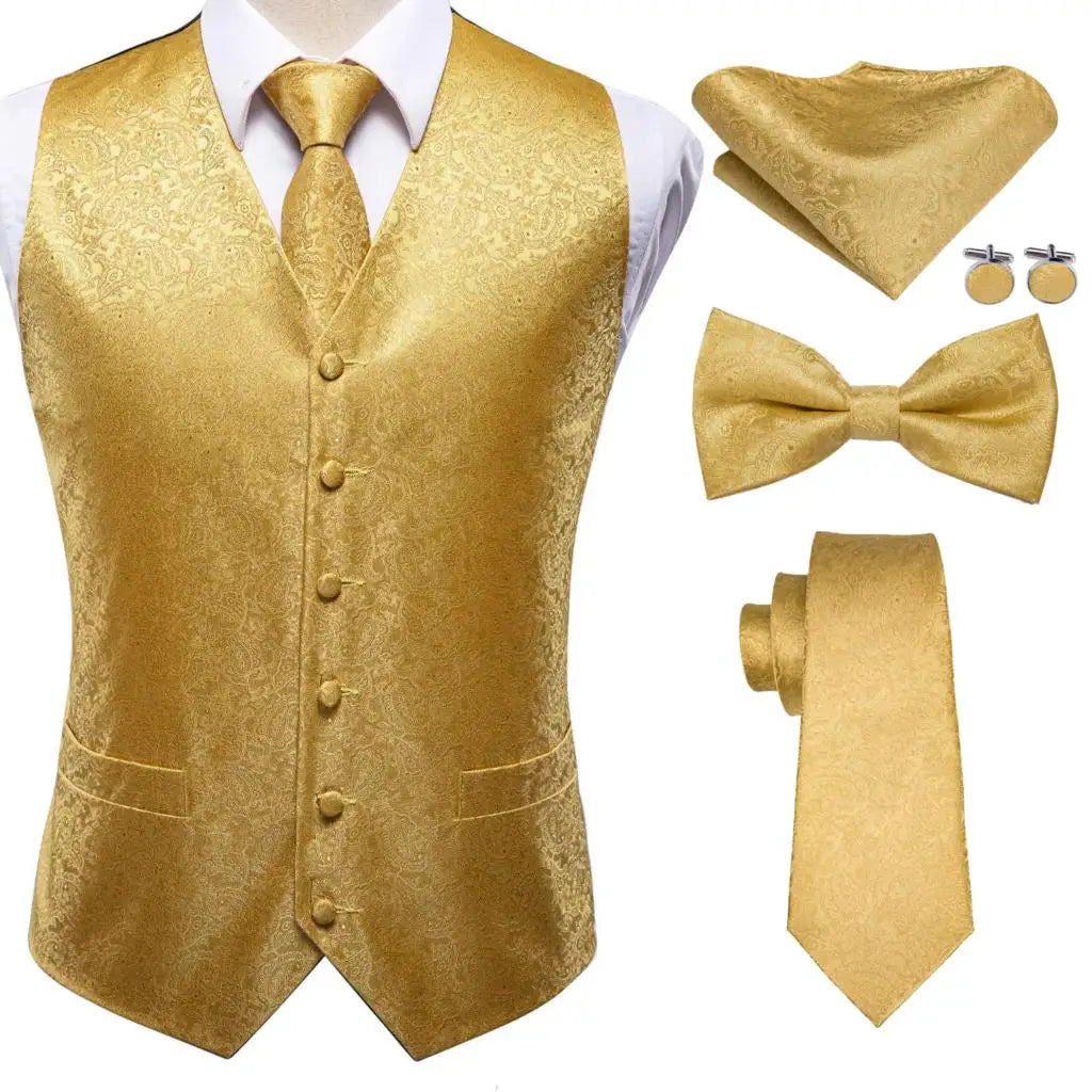 Mens golden suit vest set with tie, pocket square, and bow tie for formal events