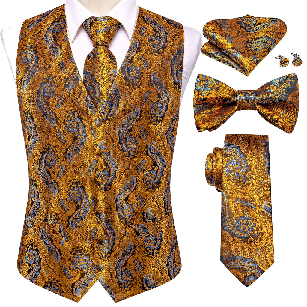 Mens for suit, gold paisley vest set with tie, bow tie, pocket square, and cufflinks