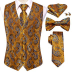 Mens for suit, gold paisley vest set with tie, bow tie, pocket square, and cufflinks