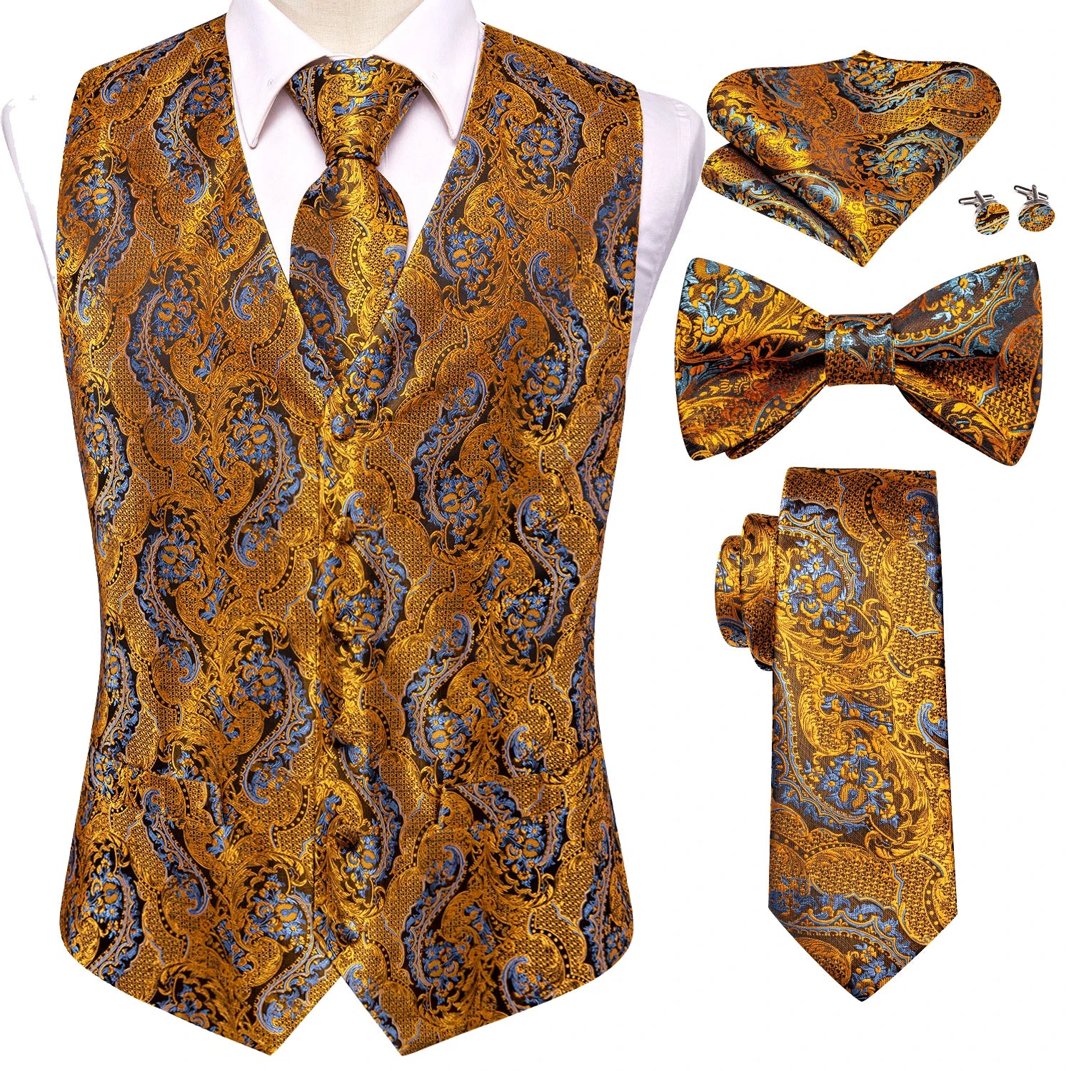 Mens for suit, gold paisley vest set with tie, bow tie, pocket square, and cufflinks