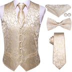 Mens for suit gold satin vest set with tie, bow tie, pocket square, and cufflinks