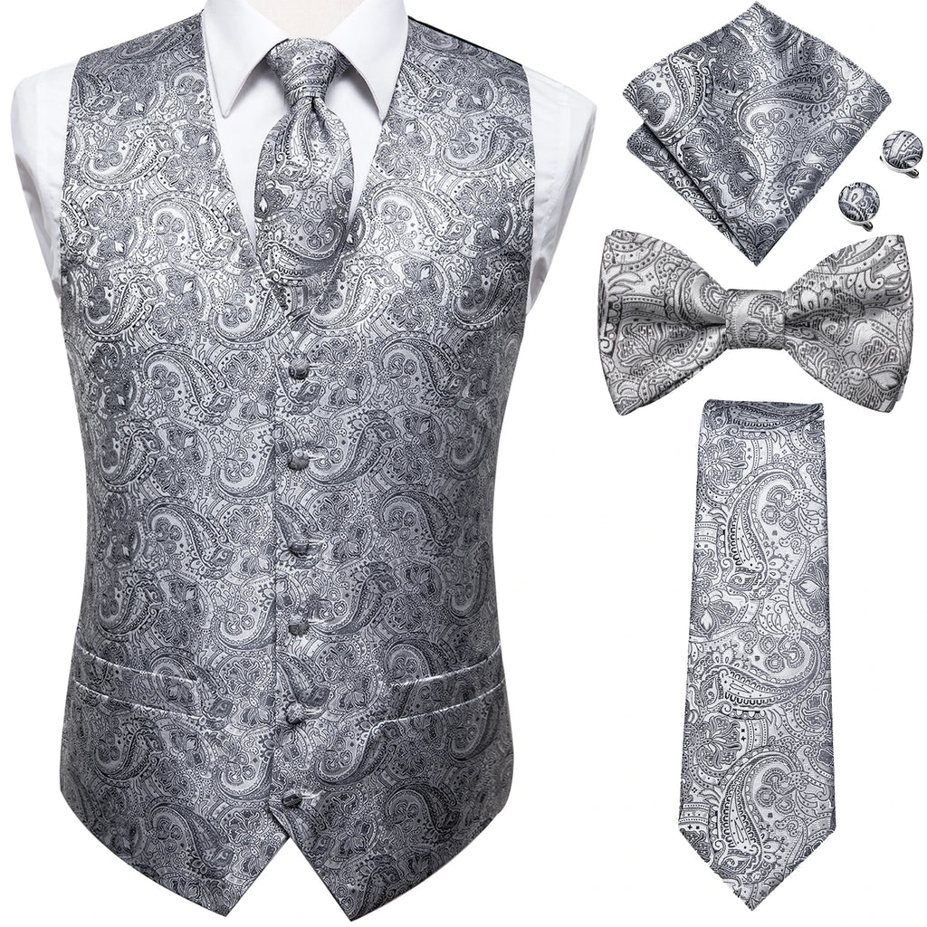 Men's paisley suit vest set in gray for formal occasions