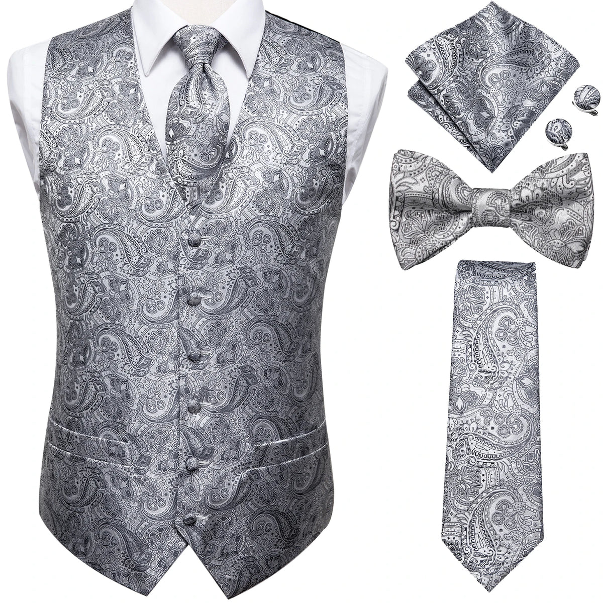 Men's paisley suit vest set in gray for formal occasions