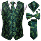 Mens for suit green patterned vest set with tie, bow tie, pocket square, and cufflinks