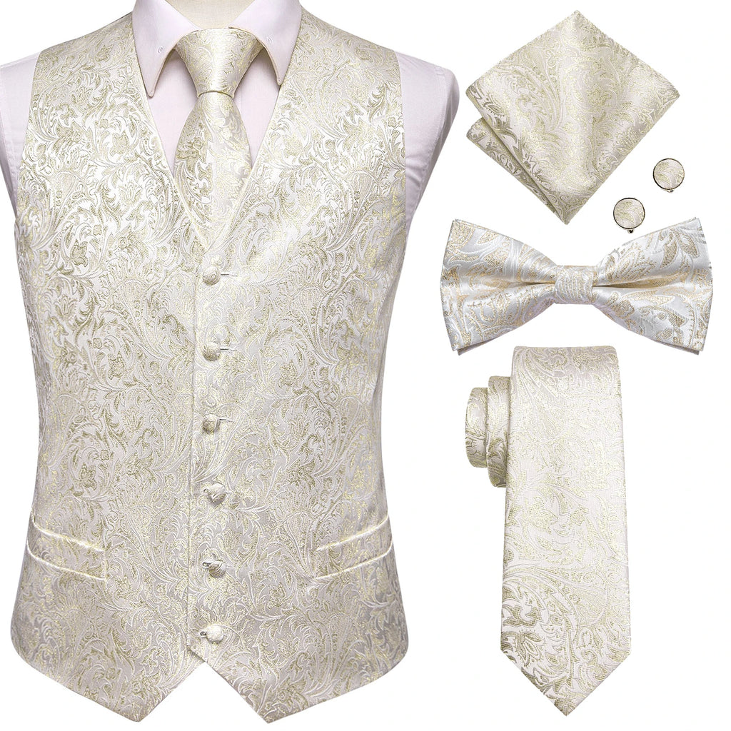 Men's ivory suit vest set with tie, bow tie, pocket square, and cufflinks