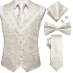 Men's ivory suit vest set with tie, bow tie, pocket square, and cufflinks