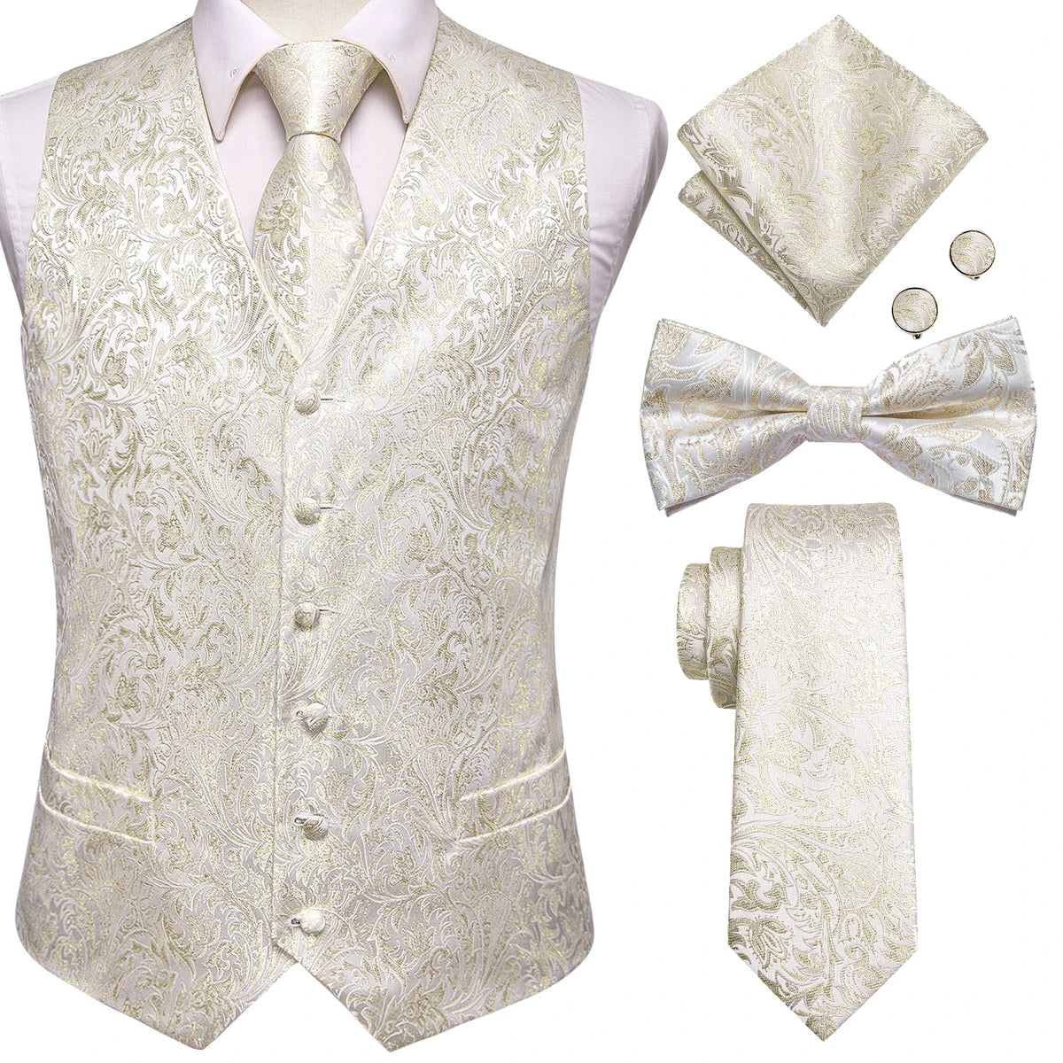 Men's ivory suit vest set with tie, bow tie, pocket square, and cufflinks