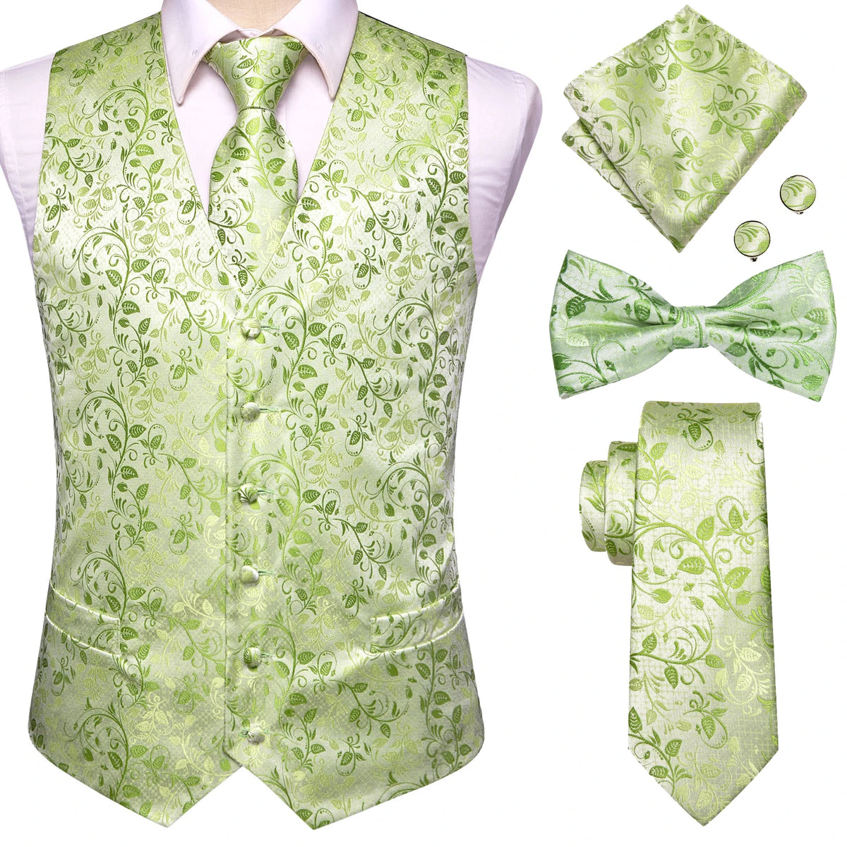 mens for suit light green vest set with tie, bow tie, and pocket square