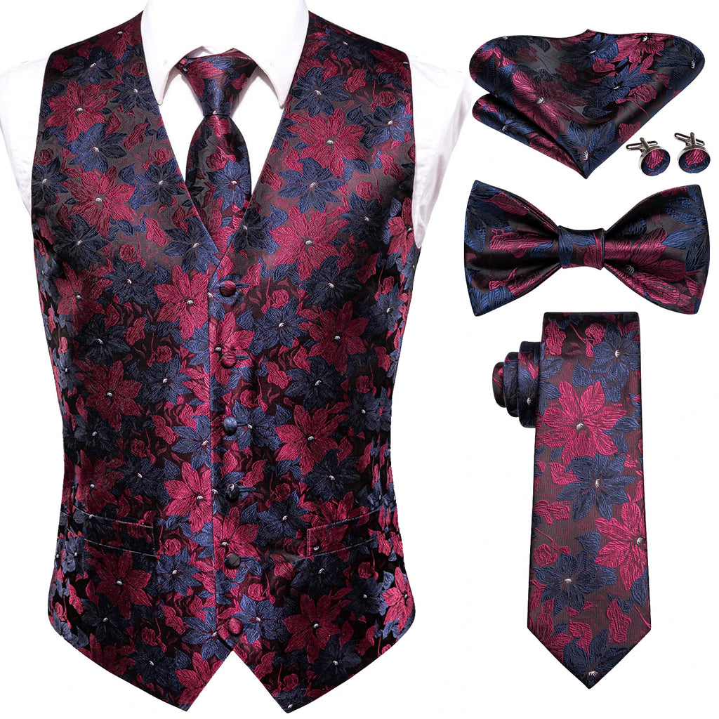 Mens floral suit set in dark red and navy for formal events