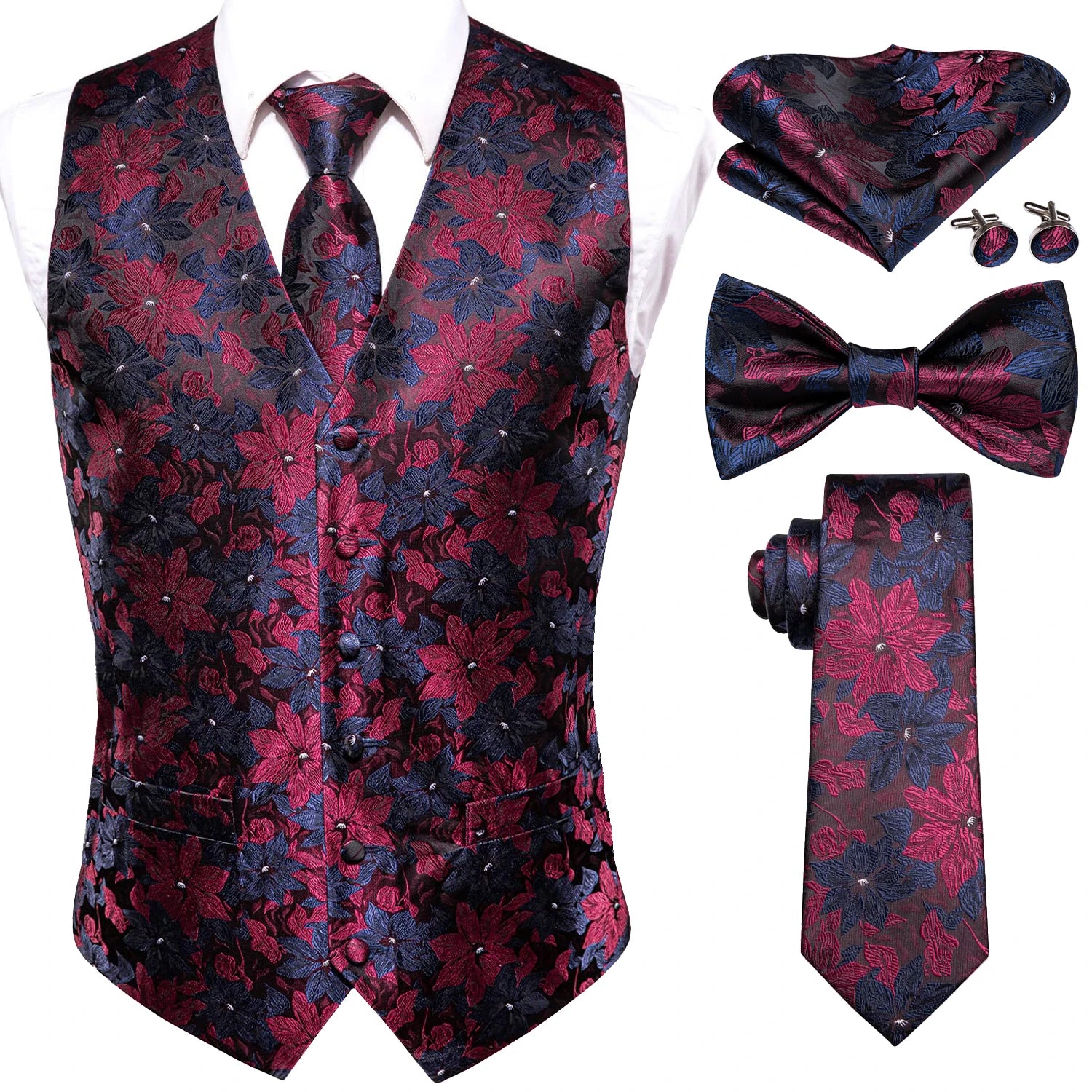 Mens floral suit set in dark red and navy for formal events