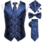 Mens for suit navy paisley vest set with bow tie and pocket square