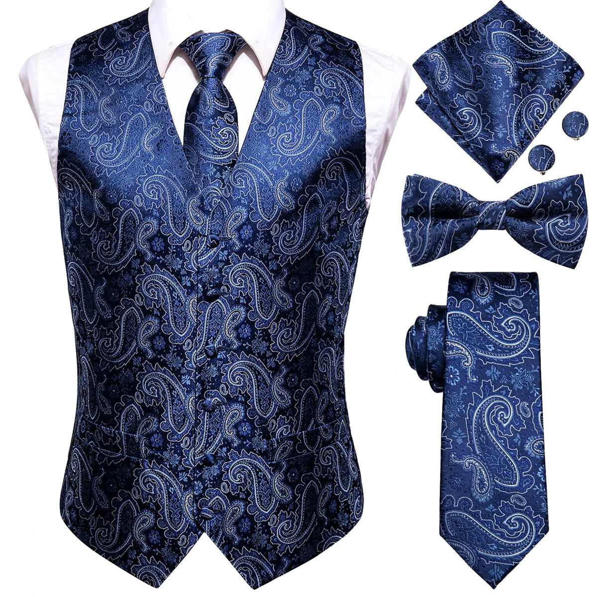 Mens for suit navy paisley vest set with bow tie and pocket square