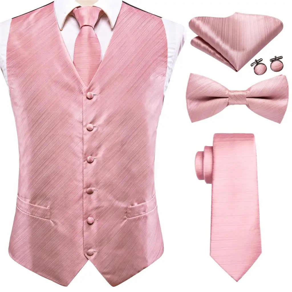 Mens for suit, light pink vest set with tie, bow tie, pocket square, and cufflinks