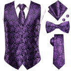 Mens purple suit vest set with tie, bow tie, pocket square, and cufflinks