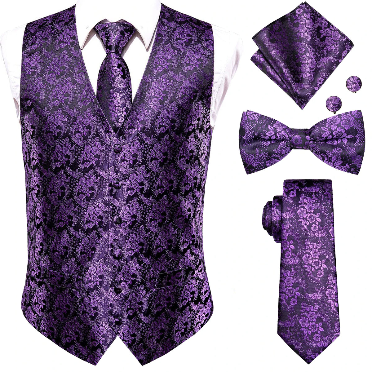 Mens purple suit vest set with tie, bow tie, pocket square, and cufflinks