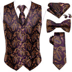 Men's paisley suit vest and tie set in purple and gold for formal occasions