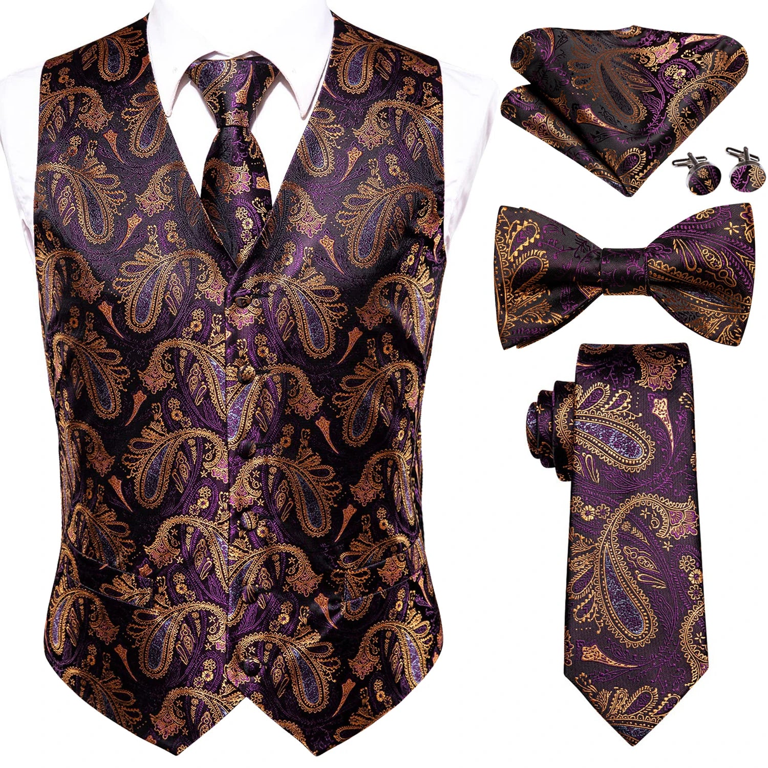 Men's paisley suit vest and tie set in purple and gold for formal occasions