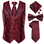 Mens for suit burgundy paisley vest set with tie, pocket square, bow tie, and cufflinks