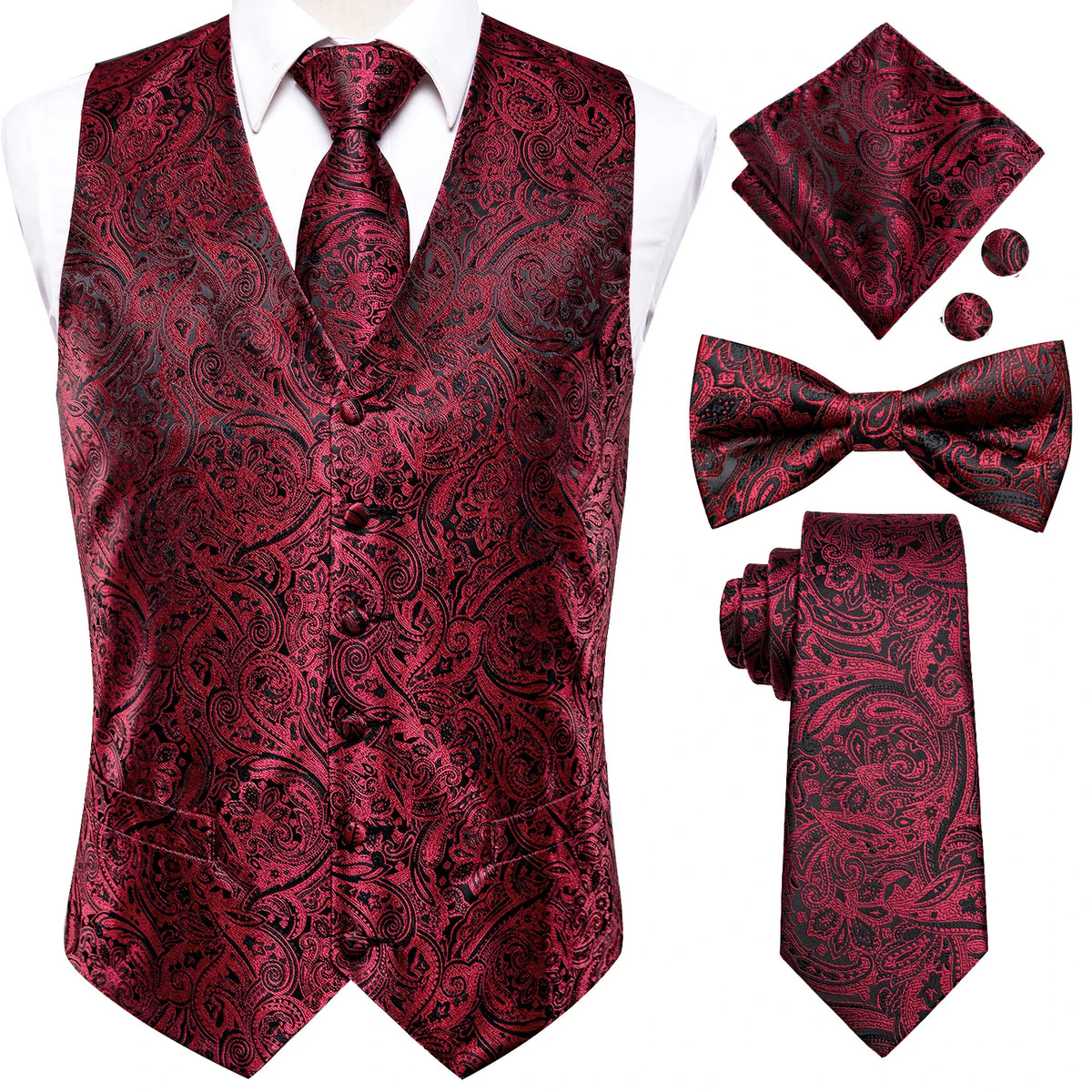 Mens for suit burgundy paisley vest set with tie, pocket square, bow tie, and cufflinks