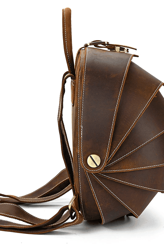 Luggage & Bags - Backpacks Mens Genuine Leather Backpack Unique Accordian Collapsible Design In Brown