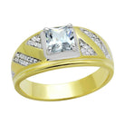 Men's gold and rhodium sterling silver ring featuring a sparkling center stone and diamond accents