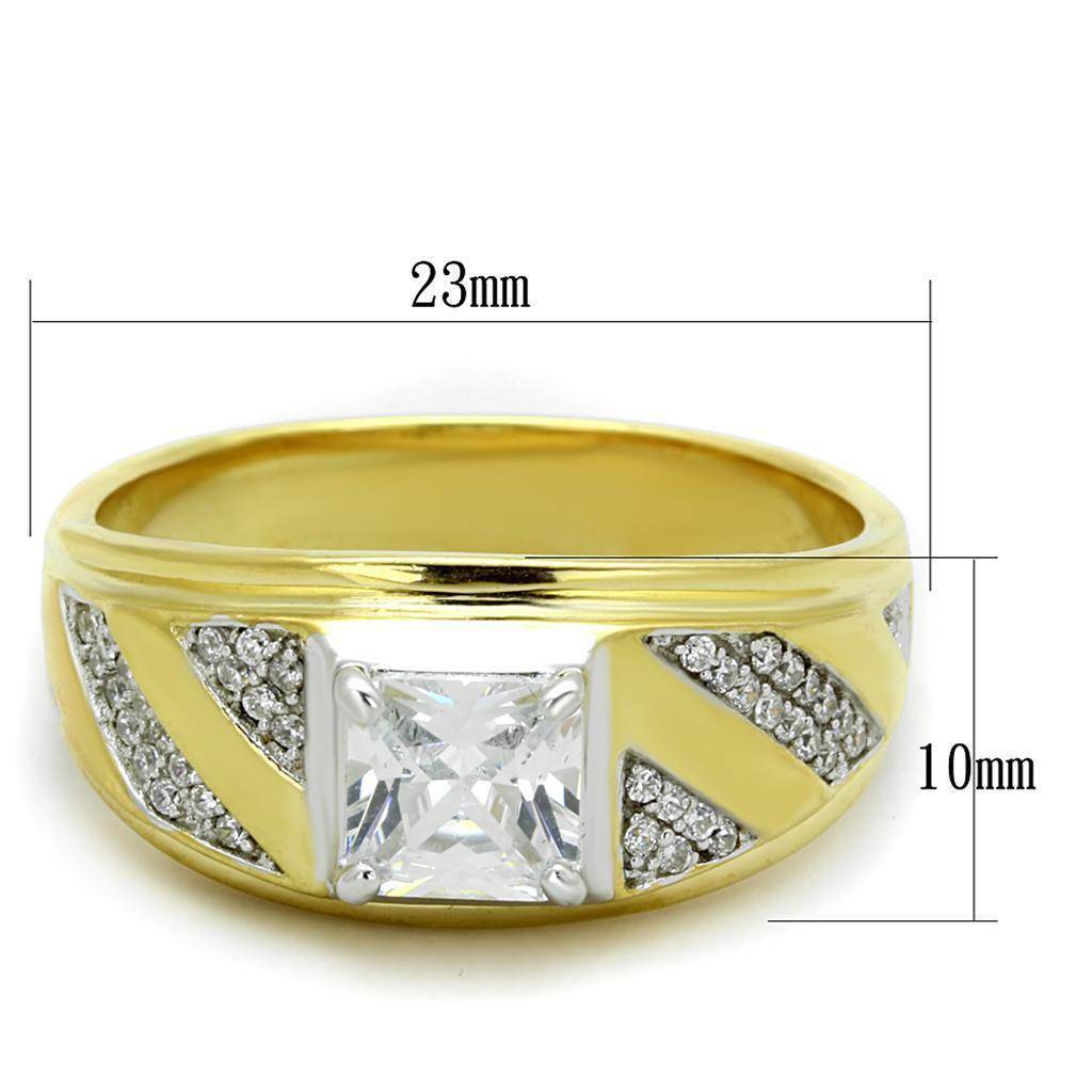 Men's gold and rhodium sterling silver ring featuring a princess cut stone and sparkling accents