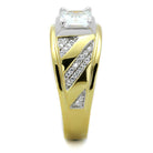 Men's gold and rhodium sterling silver ring featuring a dazzling center stone and sparkling accents
