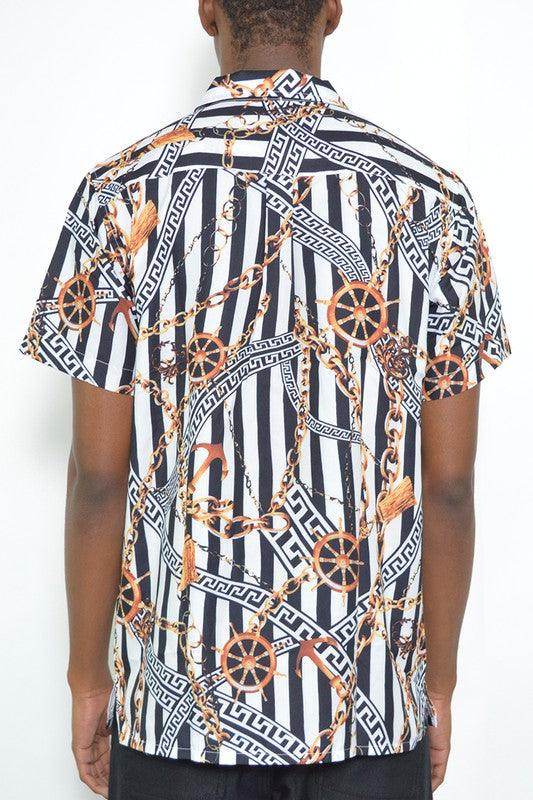 Mens Gold Chain Status Print Button Down Shirt - VacationGrabs