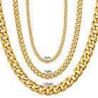 Collection of men's gold cuban link chains in various widths for stylish accessory choices