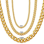 Collection of men's gold cuban link chains in various widths for stylish accessory choices