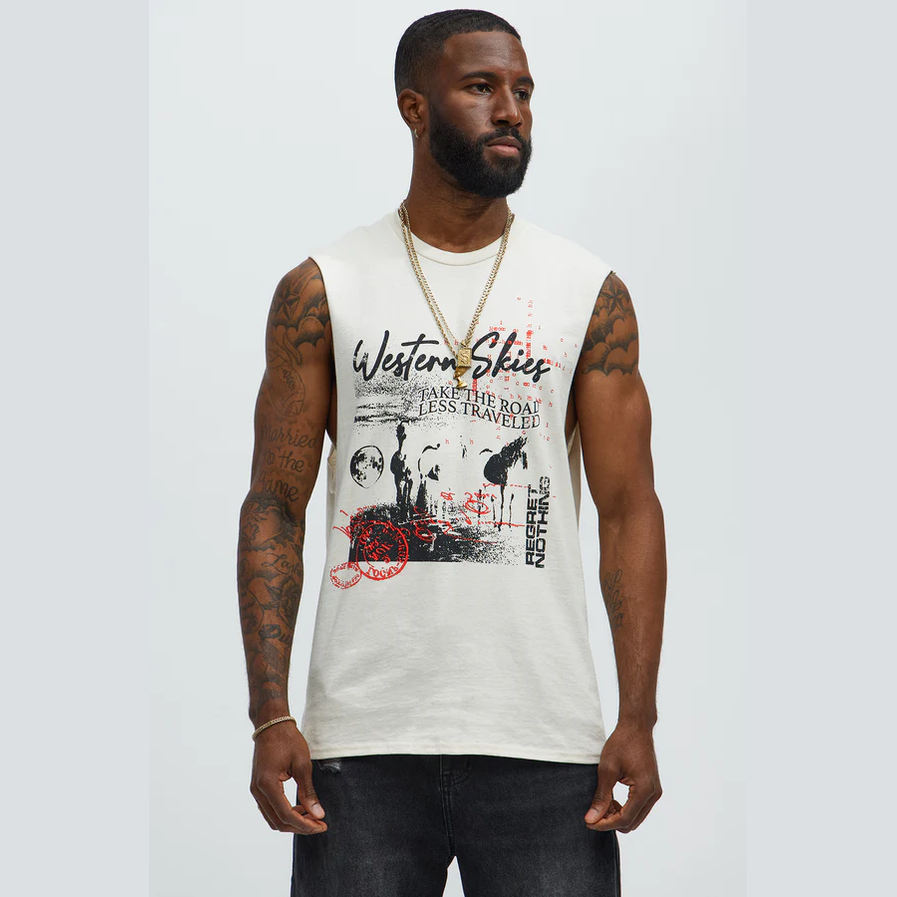 VacationGrabs mens graphic sleeveless shirt in white with Western Skies print and black jeans