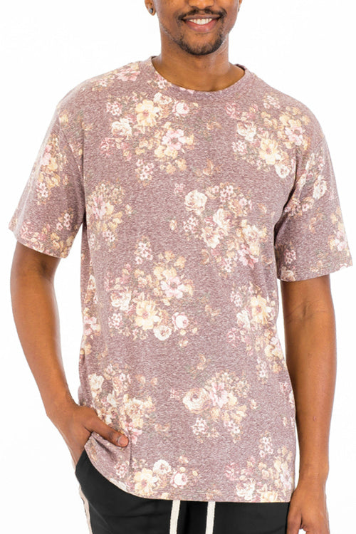 Lime Milo men's graphic tee shirts in mauve floral print, casual style