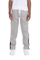Men's gray snap button track pants from VacationGrabs with contrasting side stripes