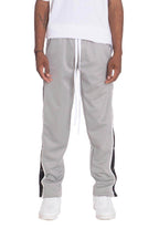 Men's gray snap button track pants from VacationGrabs with contrasting side stripes