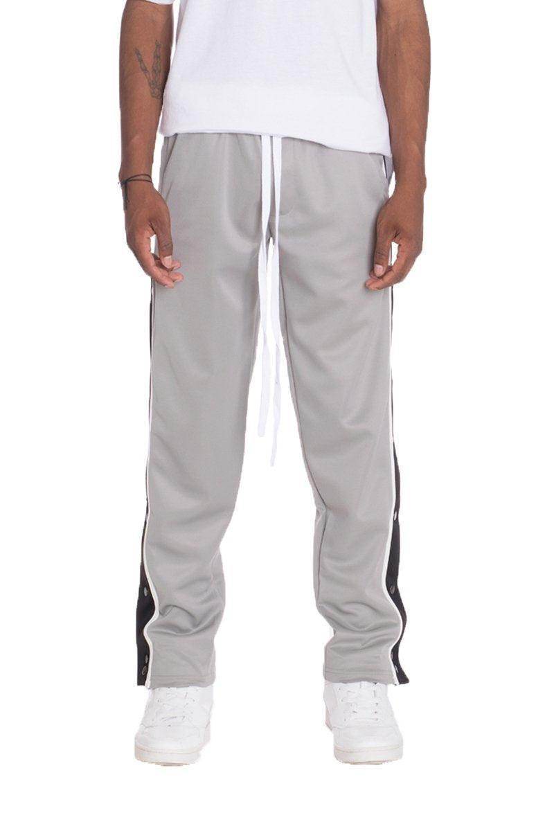 Men's gray snap button track pants from VacationGrabs with contrasting side stripes