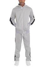 Mens gray snap button track pants from VacationGrabs featuring a sporty design with zippered jacket