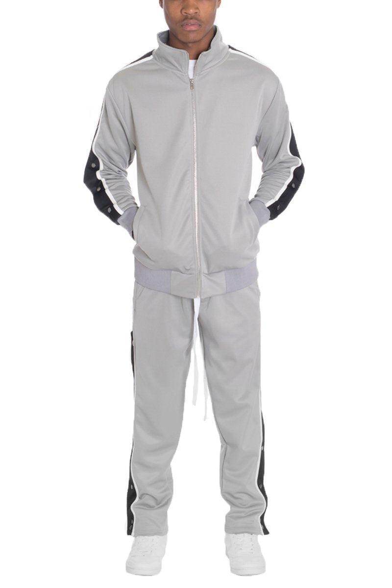 Mens gray snap button track pants from VacationGrabs featuring a sporty design with zippered jacket