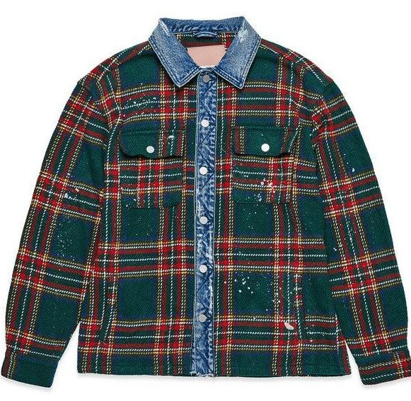 Men's Shirts - Flannels Mens Green Flannel Shacket Pocket With Denim Contrast