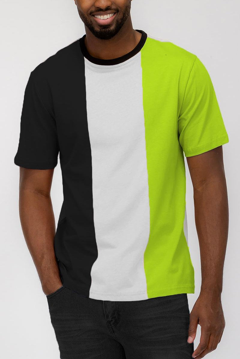 Men's Shirts - Tee's Mens Green Neon Black Vertical Color Block T-Shirt