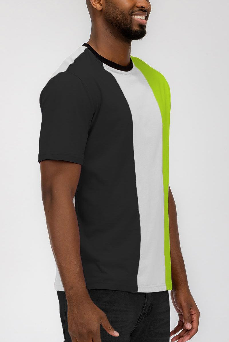 Men's Shirts - Tee's Mens Green Neon Black Vertical Color Block T-Shirt