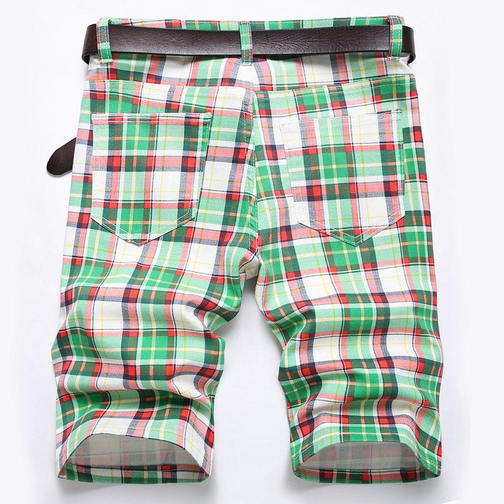 Men's Shorts Mens Green Plaid Print Denim Shorts Summer Tartan Stretch