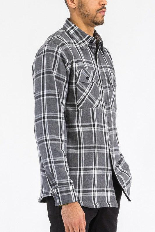 Men's Shirts - Flannels Mens Grey White Plaid Quilted Padded Flannel