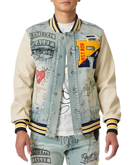 Men's Jackets Mens Hand Drawing Leather Sleeves Denim Varsity Jacket