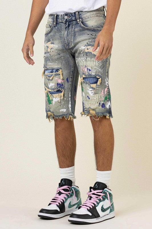 Men's Shorts Mens Hand Paint And Logo Print Rip And Repair Jean Shorts