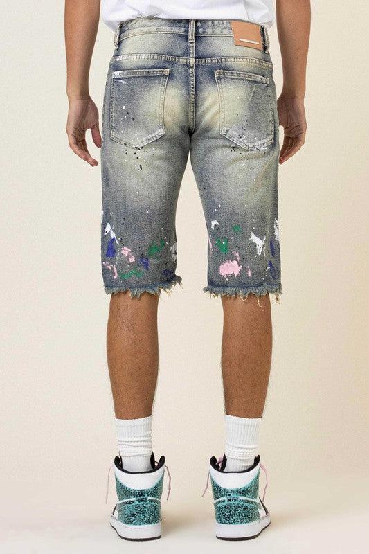 Men's Shorts Mens Hand Paint And Logo Print Rip And Repair Jean Shorts