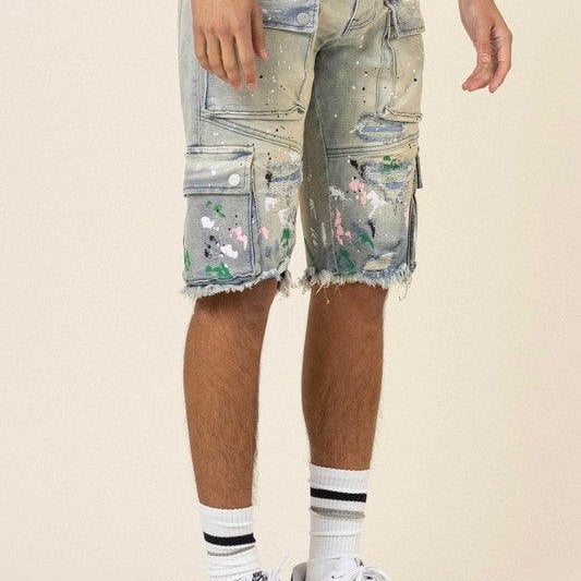 Men's Shorts Mens Hand Painted Multi Cargo Denim Shorts