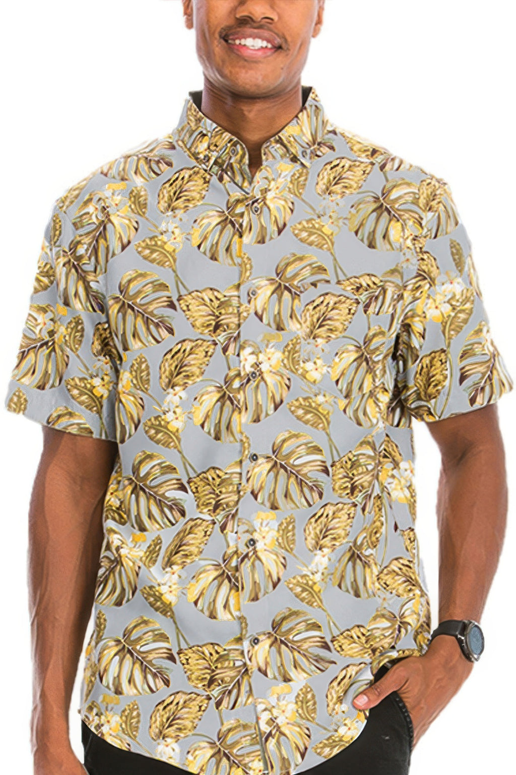 Men's Hawaiian print vacation shirt, front view