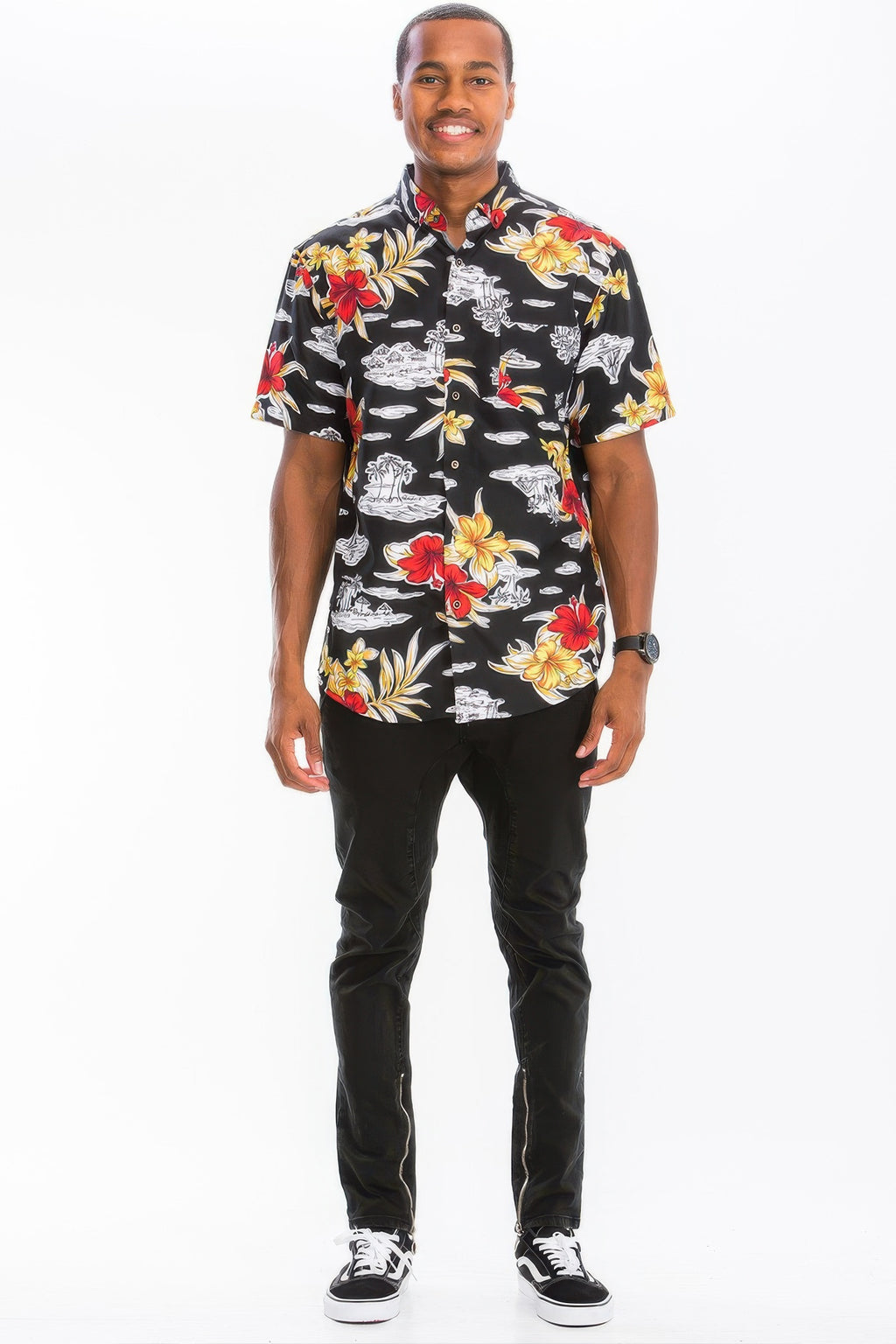 Men's black Hawaiian print vacation shirt, back view