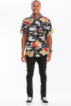 Men's black Hawaiian print vacation shirt, back view